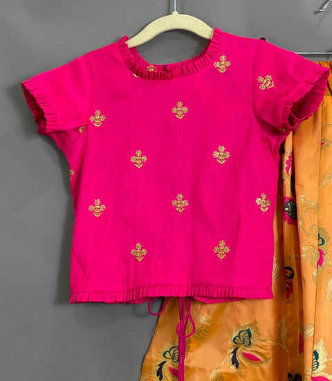 Pink and Orange Silk Kalamkari Kids Lehangas