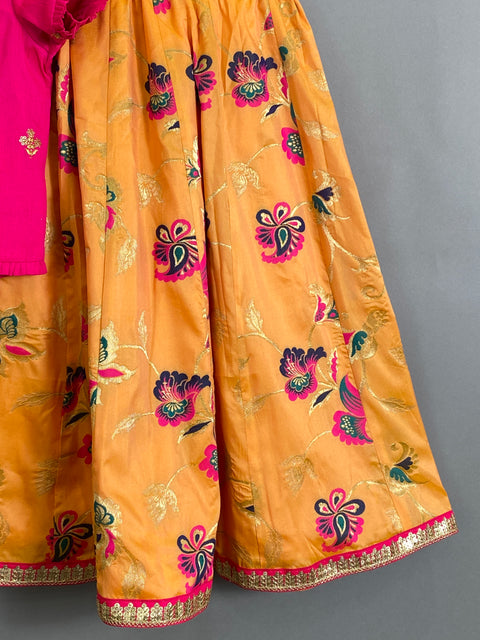 Pink and Orange Silk Kalamkari Kids Lehangas