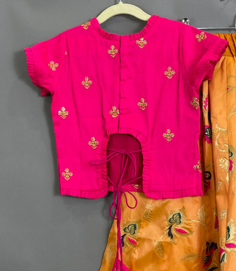 Pink and Orange Silk Kalamkari Kids Lehangas