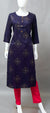 Navy blue printed cotton kurti with intricate patterns and floral buttons on a mannequin