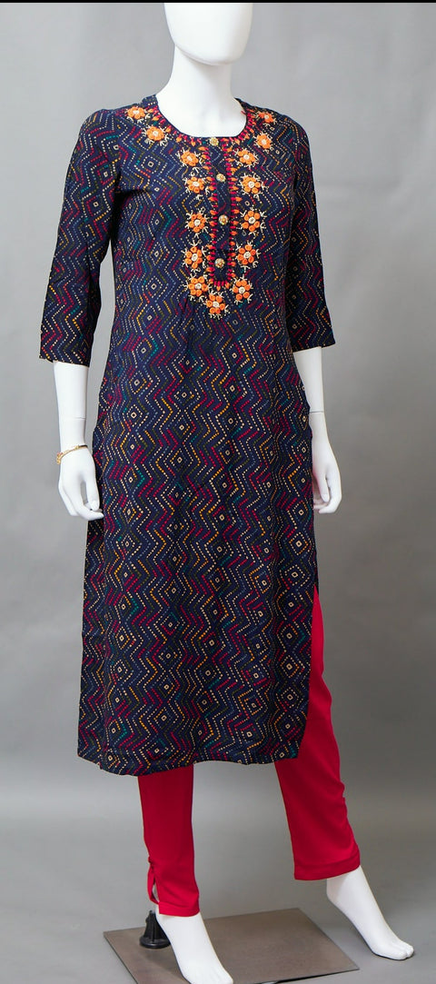 Navy Blue & Orange Straight Kurti