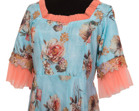 Blue Floral Gown With Cutwork